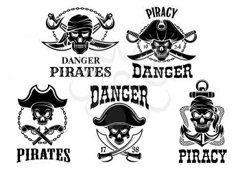Pirate and Jolly Roger vector isolated icons set of captain skull in tricorne hat and eyepatch or bandana. Piracy sailor or robber symbols or emblems of swords, sabers and pistol guns, ship anchor and
