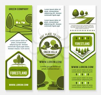 Green landscape design or urban eco building company vector banners set of park trees or forestland village and woodland alleys for city horticulture planting and gardening service