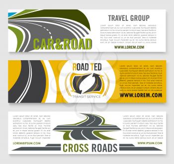 Road travel banners for transport service company group. Vector set of highway or motorway lanes and drives for transit service or expressway construction and building industry
