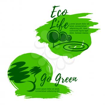Go green vector icons for eco life and nature environment. Emblems of ecology park trees or forest and green city or urban outdoor eco village for horticulture landscape design or urban planting and g