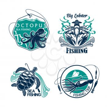 Fishing trip vector icons of seafood catch and fisher tackle. Emblems of octopus and squid, turtle and lobster. Badges and ribbons set of fisherman rods and fish net, baits or lures and hooks for fish