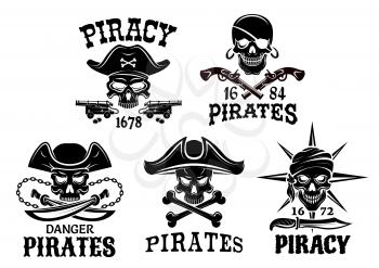 Piracy emblems and Jolly Roger pirate vector isolated icons of captain skull in tricorne hat and eyepatch or bandana. Robber sailor or filibuster symbols of swords, sabers and pistol guns, ship anchor