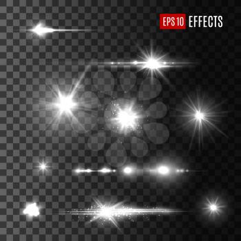 Stars and light flashes effects isolated vector icons on transparent background with sparkling sun beams. Isolated set of glitter shine blurs and space sparks or luminous rays and starry glowing parti