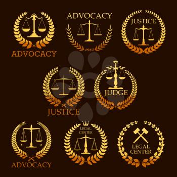 Justice and advocacy vector gold icons set for legal center. Heraldic emblems of law scales and judge gavel or laurel wreath. Golden signs for legal center, advocate or court lawyer and judicial right