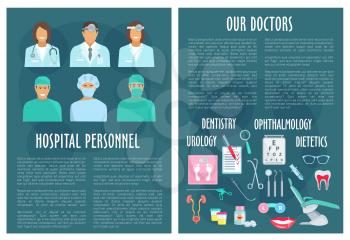 Doctors and medical personnel or hospital staff posters. Dentistry, urology, ophthalmology and dietetics healthcare. Vector medicines eye vision test, urogenital system or tooth implant or syringe and