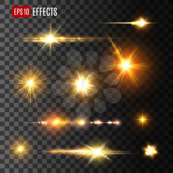 Stars and gold flashes light effects on transparent background. Isolated vector icons of luminous starlight rays or sparkling sun beams and golden glitter shine blurs with glowing particles or space s