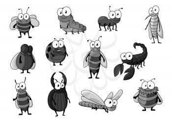 Bugs and insects vector icons. Cartoon set of bee or bumblebee, butterfly and caterpillar, beetle or fly moth and ant, dragonfly and hornet or wasp, scorpion and ladybug or ladybird character