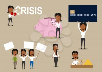 Crisis concept with people. Vector office manager shocked and saving money in piggy bank, workers on strike to demand salary, woman with credit card and boxer gloves to overcome and fight crisis