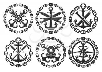 Nautical heraldic emblems and badges of anchor and helm, sailor compass and warhead bombs, ship chains and marine sabers with navigation sextant and scuba diver helmet. Vector isolated round icons