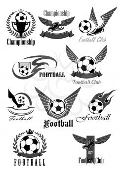 Football or soccer icons for sport club or championship game award. Vector symbols of fire ball with wings for goal, footballer boots or cleats, winner ribbon and victory cup with crown