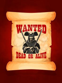Wanted dead or alive retro western vector poster. Eloped bandit jailer, wanted cowboy or musketeer in tricorn hat armed with swords or sabers on old paper scroll. Robber capture reward sheriff announc