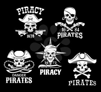Jolly Roger pirate vector isolated icons of captain skull in tricorne hat and eyepatch or bandana. Piracy symbols of robber sailor or filibuster swords, sabers and pistol guns, ship anchor or compass 
