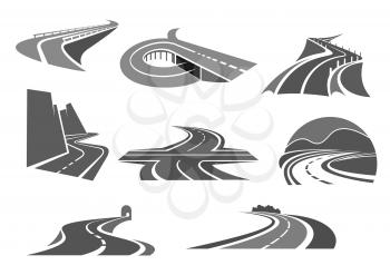Highways and motorway roads vector icons. Symbols for express way building or construction company or transportation safety and repair service, travel agency or traffic technology and tourism agency