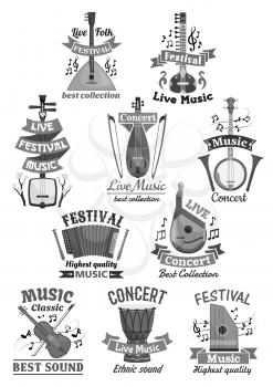 Live music festival or concert icons. Vector musical instruments fiddle violin and balalaika, flute and accordion or bayan harmonic. Set of lute or biwa and banjo guitar with drums and bandura or mand