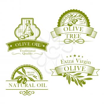 Olive oil bottle and product label templates. Vector icons of green olives branch and extra virgin natural organic oil for farm store or market, cooking and cosmetic or pharmaceutical industry