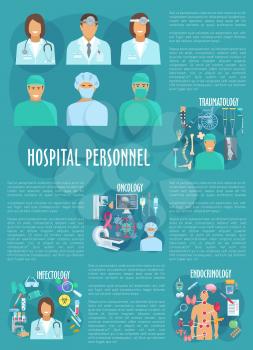Oncology, traumatology, endocrinology and infectology medical personnel. Vector poster template of hospital doctors and healthcare medicines of x-ray an mri, wheelchair and spine trauma, viruses or in