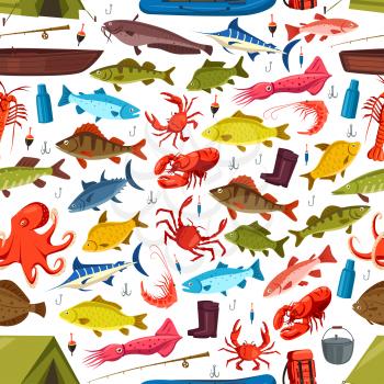 Fishing seamless pattern of fish and mollusks catch. Vector seafood lobster crab, salmon trout and tuna or flounder on fishing rod. Shrimp prawn and squid, pike and perch on fisherman tackle hook and 