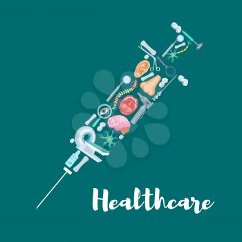 Syringe symbol created of medical and healthcare icons. Pills, medical tools to check ear, eye and mouth, dentist mirror, brain, spine bones and MRI scanner. Medicine, hospital, clinic design