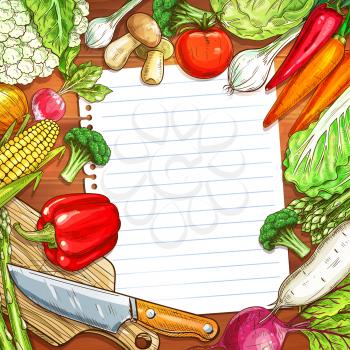 Vegetable and recipe paper with copy space on wooden background. Carrot, pepper, tomato, onion, broccoli, cabbage, mushroom, radish, asparagus, cauliflower with knife and cutting board for food design