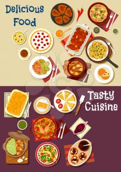 Mediterranean and asian cuisine icon. Meat and vegetable stew, greek and spanish pie, chinese beef noodle, chicken rice, chocolate cake, berry tart, fruit sauce, fried potato and pumpkin with honey