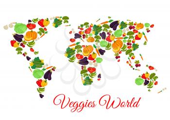 Vegetables world map of vector veggies pumpkin, eggplant or zucchini squash and corn, carrot or potato and tomato, chili or bell pepper and cauliflower cabbage, onion, radish or beet and cucumber