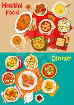 Fresh salad, soup and meat dishes icon of salads with vegetable, seafood, avocado and mushroom, baked chicken, pork and lamb, soup with pea, rice, beet, zucchini, spinach lasagna, pumpkin pancake