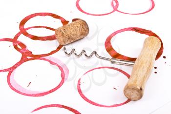 Royalty Free Photo of Wine Stains and Corkscrew