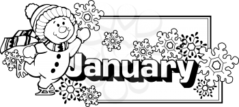 Royalty Free Clipart Image of a January Header With a Snowman on Skates