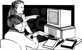 Royalty Free Clipart Image of Children at a Computer