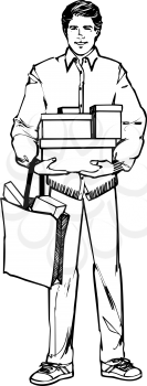 Royalty Free Clipart Image of a Man With Boxes and a Bag