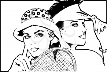 Royalty Free Clipart Image of Two Women and a Tennis Racket