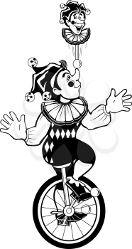 Royalty Free Clipart Image of a Jester on a Unicycle