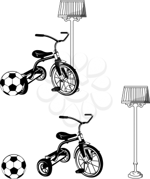 Royalty Free Clipart Image of Lamps, Trikes and Soccer Balls