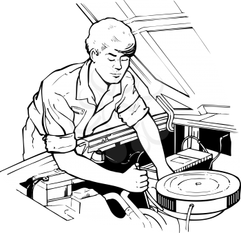 Royalty Free Clipart Image of a Man Working on a Car