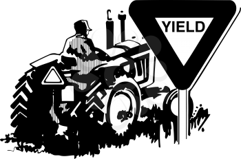 Royalty Free Clipart Image of a Farmer on a Tractor and a Yield Sign