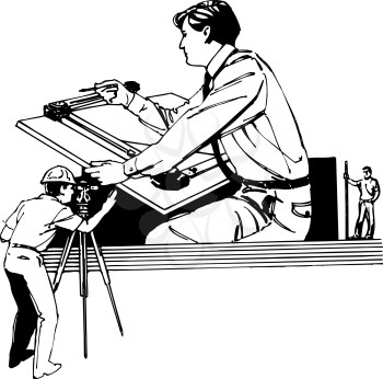 Royalty Free Clipart Image of a Surveyor and Draftsman