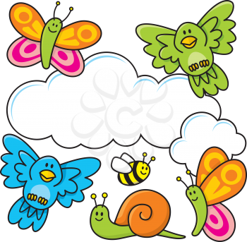 Royalty Free Clipart Image of a Spring Scene With Clouds and Animals