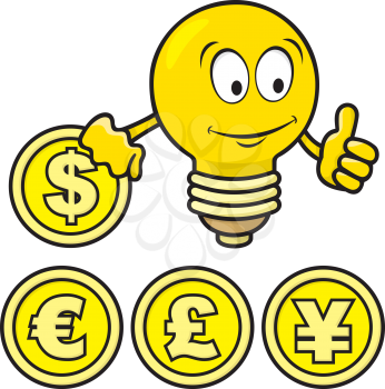 Royalty Free Clipart Image of a Smiling Lightbulb and Coins