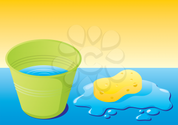 Royalty Free Clipart Image of a Water Splash, Bucket and Sponge