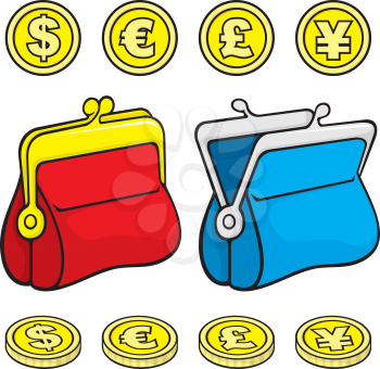 Royalty Free Clipart Image of Coins and Two Wallets