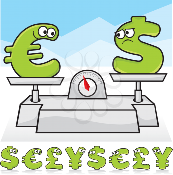 Royalty Free Clipart Image of a Currency Symbols on a Scale