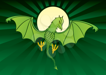 Royalty Free Clipart Image of a Flying Dragon Against a Moon