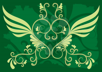 Royalty Free Clipart Image of a Green Background With a Winged Flourish Heart