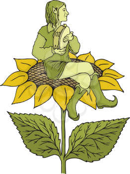 Royalty Free Clipart Image of an Elf on a Sunflower