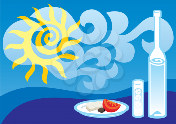 Royalty Free Clipart Image of a Bottle, Glass and Snack With the Sun Behind