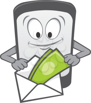Royalty Free Clipart Image of a Cellphone Putting Money Into an Envelope