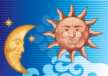 Royalty Free Clipart Image of a Decorative Sun and Moon