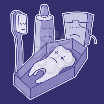 Royalty Free Clipart Image of a Molar in a Coffin Mourned by a Toothbrush, Toothpaste and Dental Floss