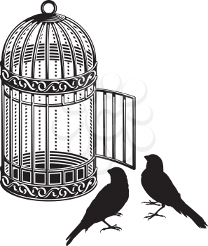 Royalty Free Clipart Image of a Cage and Two Bird Silhouettes