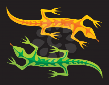 Royalty Free Clipart Image of an Orange and Green Lizard on a Black Background
